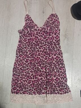 Pink Leopard Print Slip Dress with Lace Trim